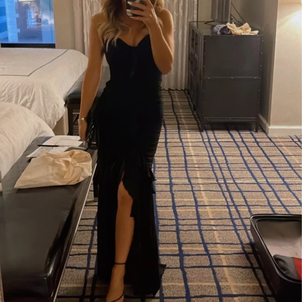 MAJORELLE Black Ruffle-Slit Maxi Dress